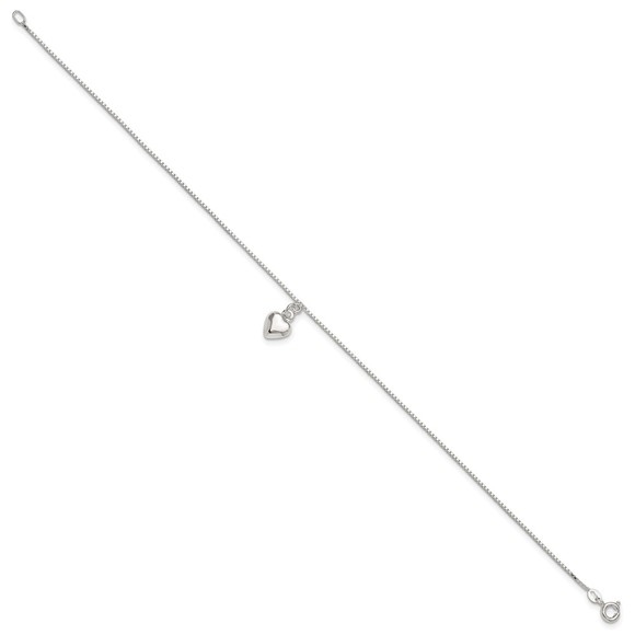 925 Sterling Silver 10inch Polished Puffed Heart Charm Summer Jewelry Anklet - Picture 2 of 6